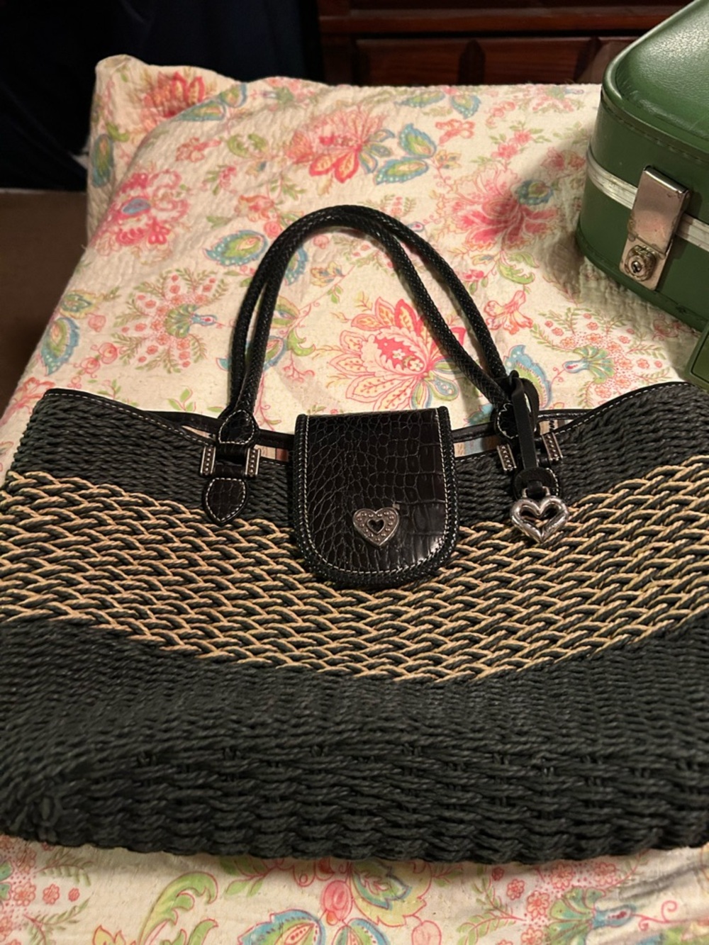 Brighton Black and Natural Woven Tote with Heart Charm